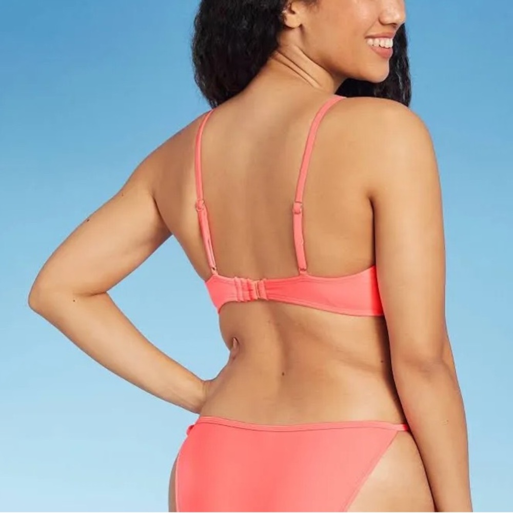 Xhilaration Bright Coral Classic Triangle High Waist High Cut Leg Bikini Set - Picture 2 of 6